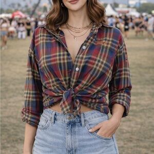 Vintage Late 80s / Early 90s Alia Plaid Button-Up Shirt | Size 14 Petite